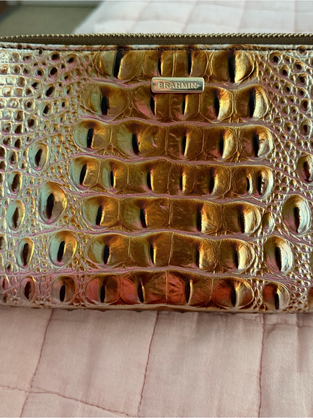 Brahmin Iridescent Croc-Embossed Cosmetic Case in Gold and Pink